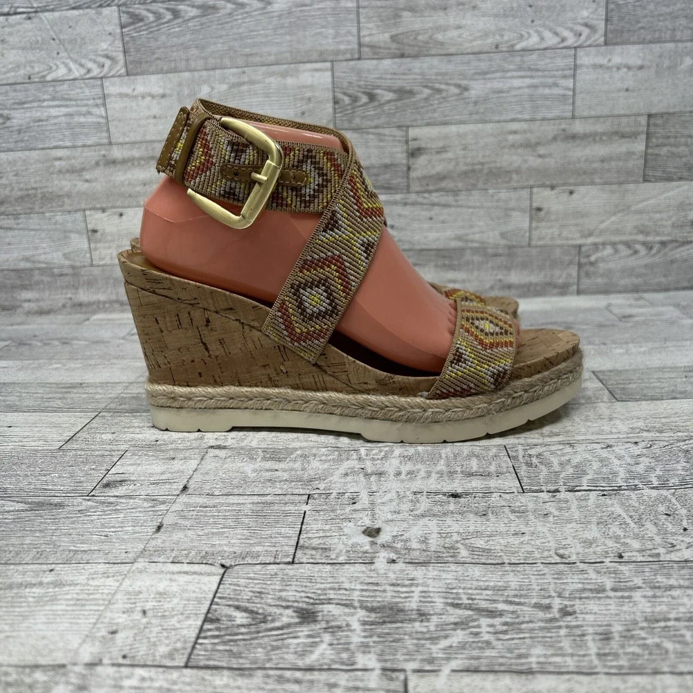 WHITE‎ MOUNTAIN Womens Pearl Espadrille Wedge Sandal Shoe  Tan Brown Aztec 8.5M